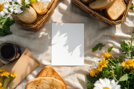A greeting card mockup laid on a picnic blanket surrounded by sandwiches, flowers, and drinks, representing outdoor celebration.