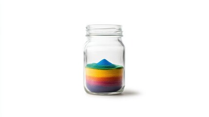 Colorful Sand Art in a Clear Glass Jar with Layered Rainbow Patterns Showcasing Vibrant Shades of Blue, Yellow, Green, Orange, and Purple in an Artistic Display