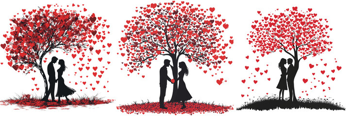 set of a Valentine's Day couple silhouette, red and black hearts, tree of love isolated on a transparent background