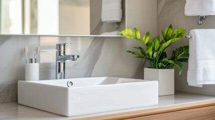 Fototapeta premium Contemporary minimalist guest bathroom with minimal fixtures. Featuring a clean, open design with modern lines