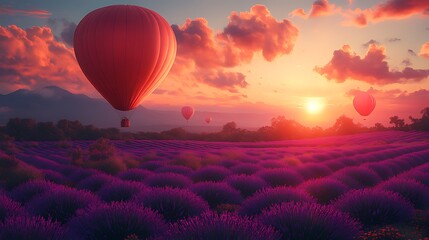 Fototapeta premium Red hot air balloons fly over a vibrant purple lavender field at sunset.