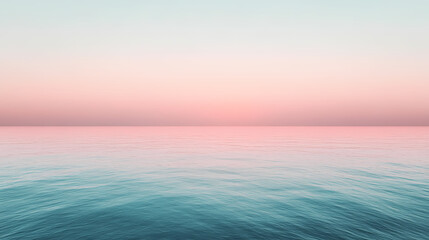 Obraz premium Pink Horizon: A serene vista of the ocean at sunset, painted in soft hues of pink and blue. The water stretches out towards the horizon, creating a sense of tranquility and vastness.