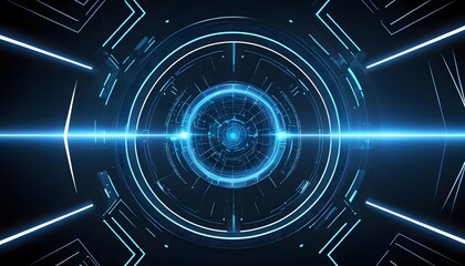 Obraz premium Abstract Futuristic Technology Tunnel: Glowing Blue Neon Lights and Circular Interfaces