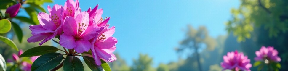 Fototapeta premium Purple Rhododendron in full bloom against a blue sky, natural world, flowering plant, forest