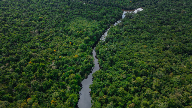 AERIAL PHOTOS OF THE NANAY RIVER AND BOATS NAVIGATING IN ITS WATERS, IN THE PERUVIAN AMAZON JUNGLE, BLACK WATER IGAPO WITH COMMUNITIES OF PEOPLE SURROUNDING THE NANAY.