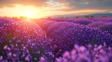 Fototapeta premium Vibrant lavender field at sunset, sun rays illuminating purple flowers.