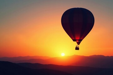 Fototapeta premium Silhouetted balloon floats above the sunset landscape, orange, evening, float