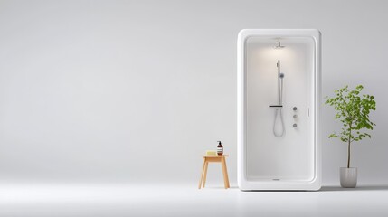 Modern Minimalist Bathroom Shower Concept Featuring White Cabin, Natural Plant Accent, and Soft Lighting in Contemporary Interior Design
