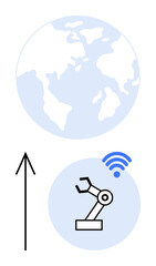 Globe at the top with a robotic arm and wireless signal below, connected by an upward arrow. Ideal for global industry, automation, connectivity, innovation, tech growth, future, industrial