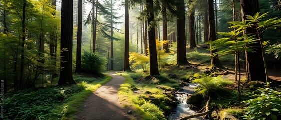 Obraz premium Serene Forest Trail Along Sparkling Stream | Daylight Scene