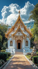 Fototapeta premium Serene White Temple Surrounded by Lush Greenery and Dramatic Clouds