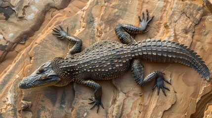 Fototapeta premium Juvenile crocodile resting on textured rock.