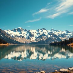 Breathtaking Alpine Lake with Snow-Capped Peaks - Perfect for Travel or Nature Stock Photos