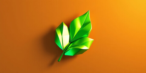 A leaf is shown on a bright orange background. The leaf is green and has a shiny, reflective surface. The orange background creates a warm and inviting atmosphere, while the leaf's bright color
