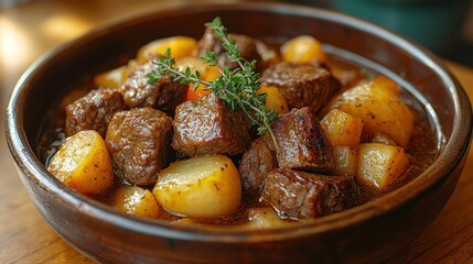 Shallow bowl of Irish stew with chunks of beef and potatoes garnished with parsley.