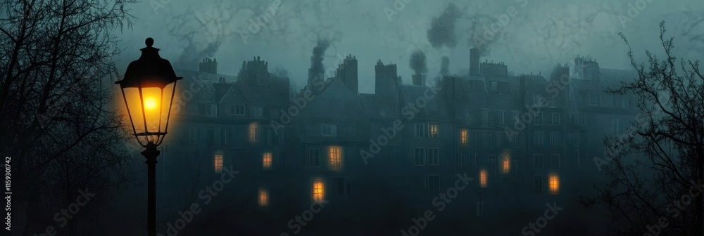 Aufkleber Mysterious dark cityscape illuminated by few windows during a foggy night atmosphere. Generative AI