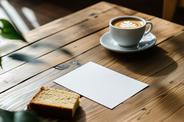 A greeting card mockup resting on a dessert menu next to a cup of coffee and a slice of cake, capturing sweet indulgence.