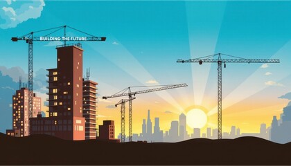 A futuristic 2025 construction site glowing under a dramatic sunset, symbolizing progress and innovation. Ideal for architecture, development, and future-focused themes.