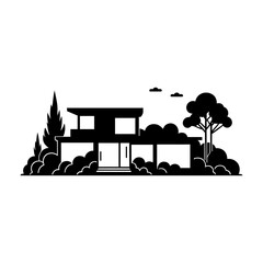 Silhouette of a Modern House with tree in a vintage-style vector illustration Design.