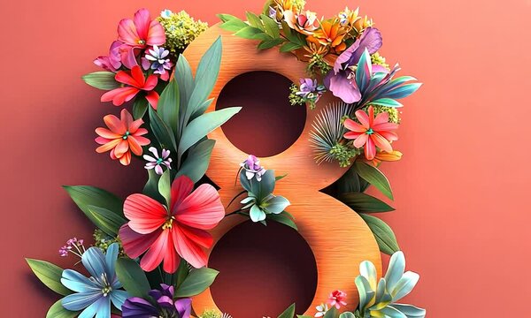 The number 8 is made up of flowers and leaves. Women's day, 8 march