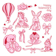 Set of Valentine s day coquette clipart with cute aesthetic bows clipart, pink ribbon, gifts, bunny, hot air balloon, angel, hearts, cup cake. Hand drawn contour vector illustration.