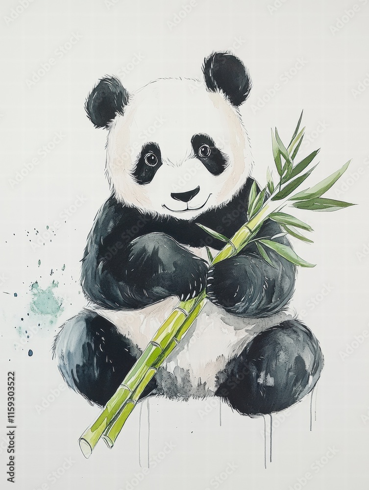 Fototapete Cute panda holds bamboo in serene setting with ample space for text and creative projects. Generative AI