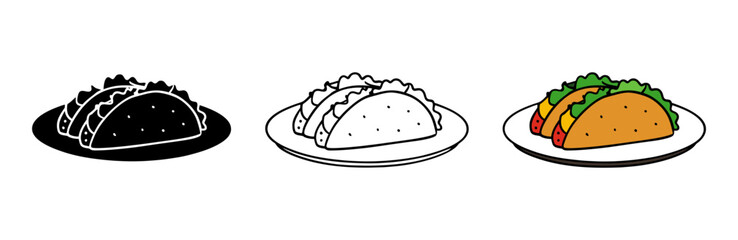 Tacos on plate silhouette, line art, and color vector illustration