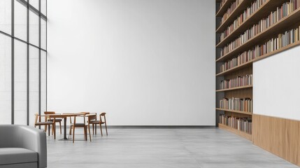 Contemporary minimalist library with minimal shelving. Featuring a clean, open design with modern lines