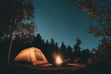 Starry night camping experience with a warm campfire and a bright tent in a serene mountainous landscape