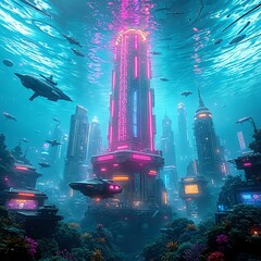 Futuristic Underwater Cityscape with Space Shuttle Takeoff