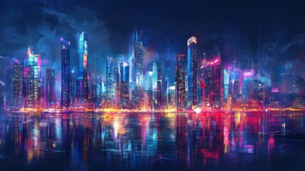 Fototapeta premium Bright Cityscape at Night with Water Reflections