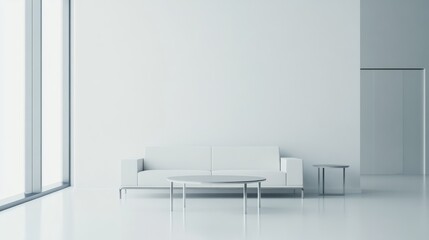 Contemporary minimalist living room design with sparse furniture. Featuring a clean, open layout with sleek lines