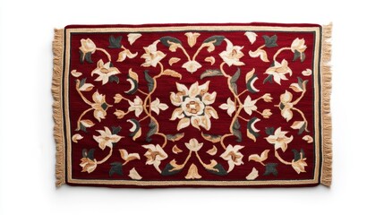 Elegant Handcrafted Decorative Area Rug with Floral Design on Rich Red Background Featuring Detailed Embroidery and Fringe Edges for Stylish Home Decor
