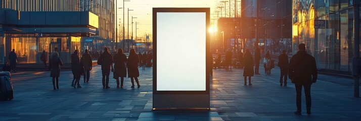 Silhouettes of city dwellers appreciate technological advancement as they gather around a glowing digital billboard in the dim light of a bustling urban morning.