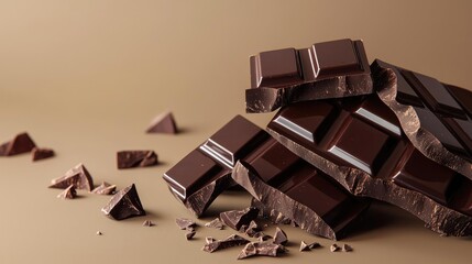 Minimal chocolates idea. Delicious dark chocolate pieces on a soft brown background.