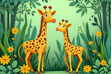 Fototapeta premium illustration of giraffes standing in the jungle