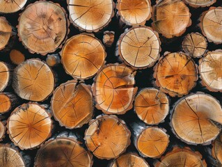 Fototapeta premium Close-up of chopped and stacked logs, highlighting natural patterns and potential use for construction or furniture making.
