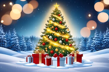 Obraz premium Christmas pine tree and forest silhouette landscape. Christmas tree in winter background with gift boxes and balls