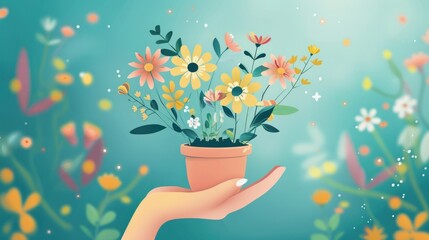 Springtime digital illustration featuring a hand gently cradling a bouquet of colorful flowers. The image captures the joy and freshness associated with the season.