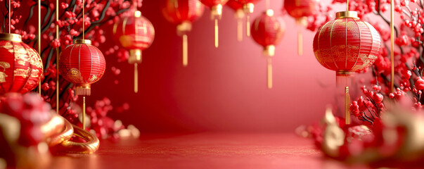 Fototapeta premium Festive Chinese New Year composition with traditional red lanterns, gold decorations, and floral elements, creating a celebratory and auspicious atmosphere.