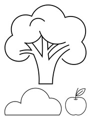 Outlines of a tree, cloud, and an apple in black on white. Ideal for educational materials, childrens coloring books, nature themes, environmental lessons, botanical studies, art projects