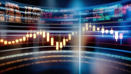 Visual representation of stock market data featuring financial charts and candlestick analysis on a digital screen emphasizing investment strategies