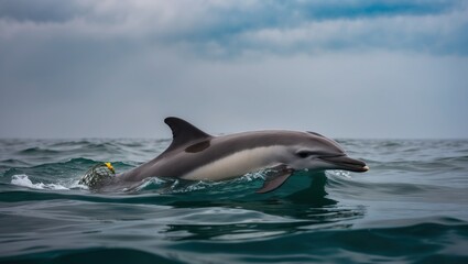 Fototapeta premium Dolphin swimming gracefully in ocean waters, showcasing marine life and natural beauty, perfect for themes of wildlife, conservation, and adventure