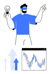 Man in VR headset holding lightbulb while pointing below are stock market chart and upward arrows. Ideal for technology, innovation, finance, virtual reality, brainstorming, stock trading, progress