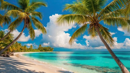 Fototapeta premium Tropical beach scene featuring palm trees, clear turquoise waters, white sands, and a vibrant blue sky, ideal for vacation and relaxation themes