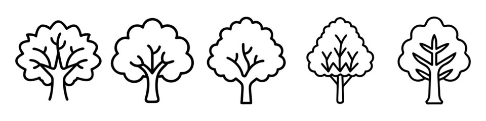Tree Line Art Icon Collection - A variety of tree designs in minimalist black-and-white line art, featuring different tree species and styles for creative use.