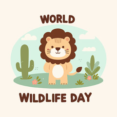 Lion in a green landscape for world wildlife day, perfect for conservation campaigns, educational materials, and naturethemed designs.