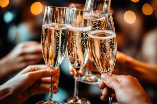 Cheers to celebration with sparkling drinks illuminated by warm lights in a festive atmosphere