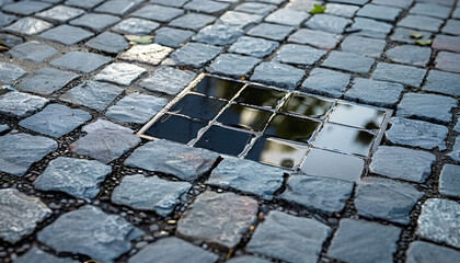 Puddle after rain on street tiles outdoors