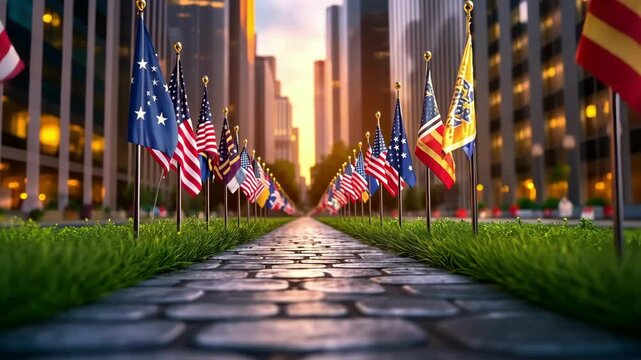 Festive flags display celebrating hispanic heritage month in urban setting